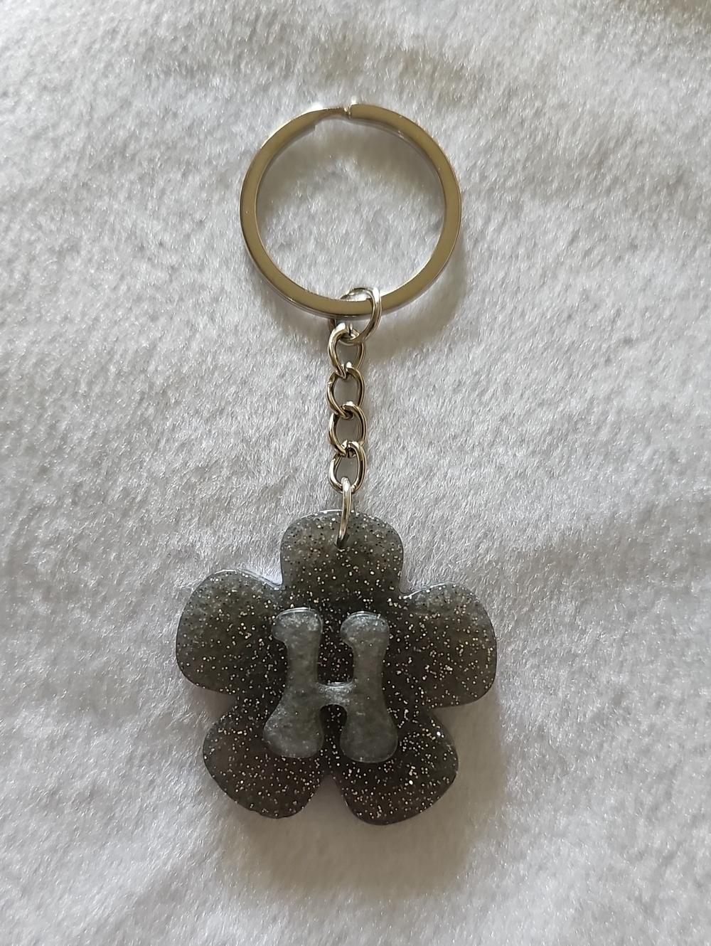 Silver Glitter Flower Keychain with Initial H